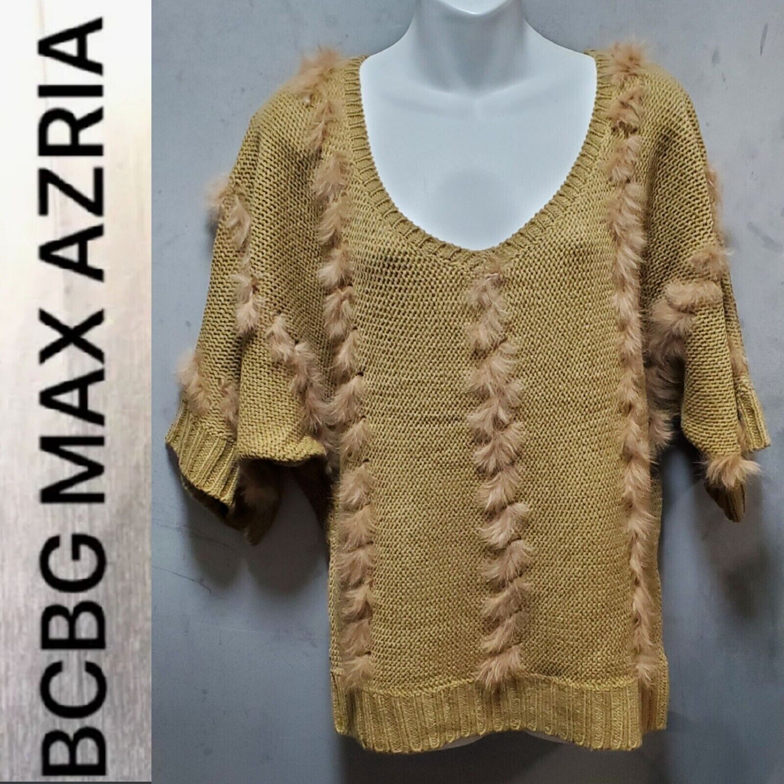【BCBG MAXAZRIA】ウィートハートネック ノースリーブ トップス $156 BCBG MAXAZRIA Brown V Neck FUR Details Short Sleeve