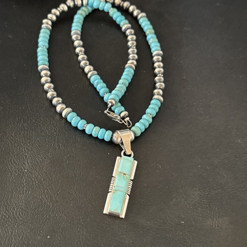 Pre-owned Handmade Blue Kingman Turquoise Inlay Pendant Navajo Sterling Silver Necklace 21” 16930