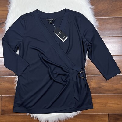 Lauren Ralph Lauren Women's Size 1X Navy Blue Buckle Detail Jersey Wrap Top