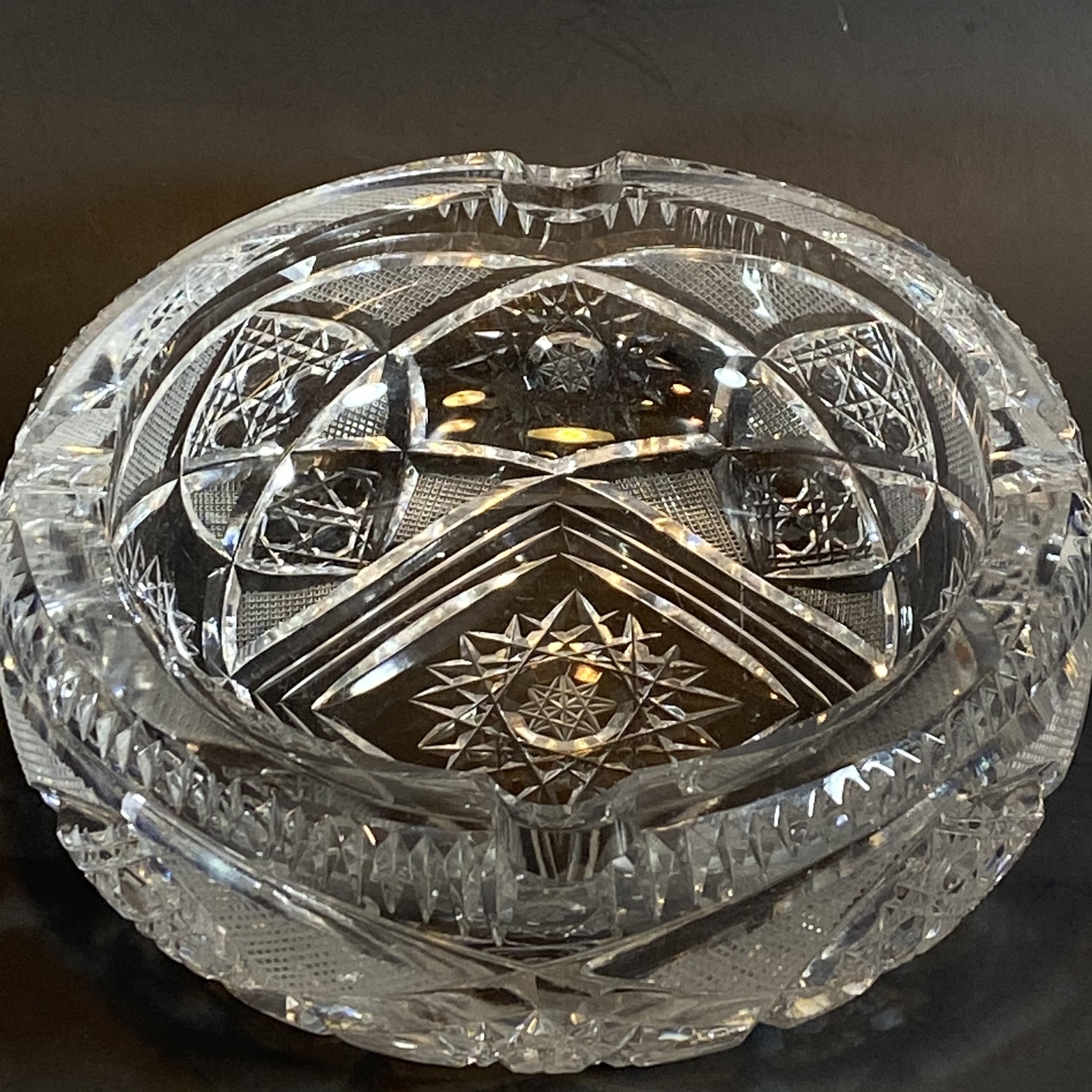 VTG Antique Lead Cut Crystal Pattern Cigar Ashtray Glass Table Etched Pinwheel