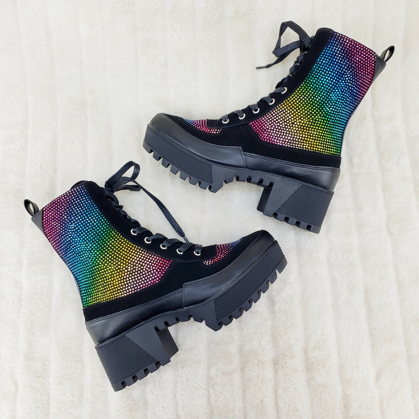Diva Shine Rainbow Rhinestone Lace Up Platform Combat Ankle Diva Shine Rainbow Rhinestone Lace Up Platform Combat Ankle
