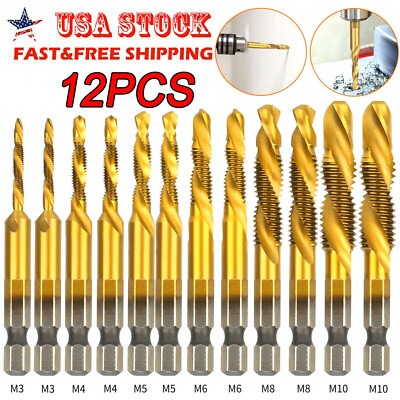 12PCS 1/4'' HSS Hex Shank Titanium Plated Screw Thread Drill Bits Set M3-M10 Tap