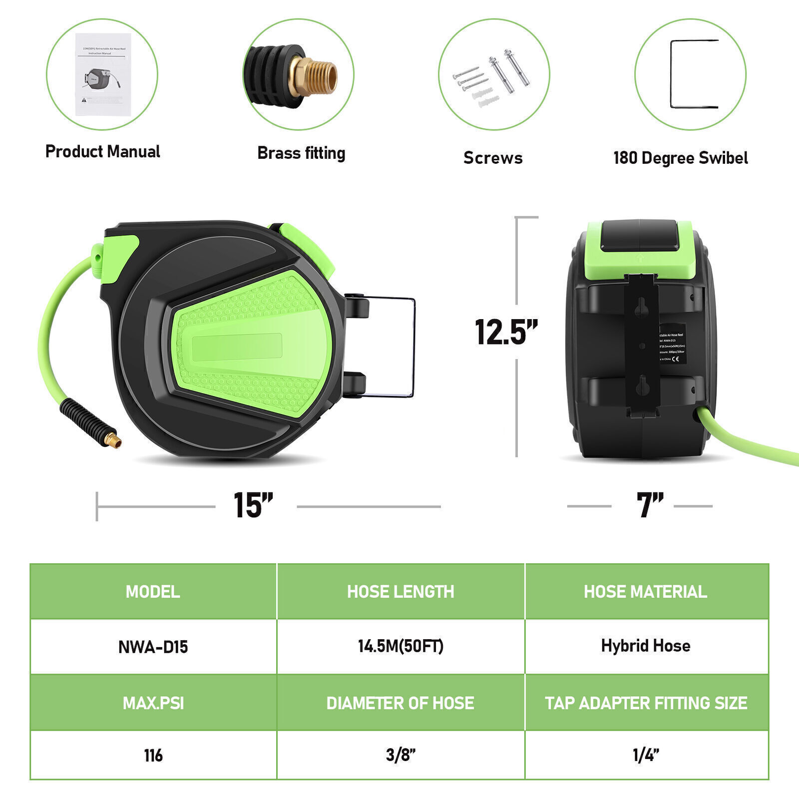 3/8" x 50' Retractable Enclosed Plastic Retractable Air Hose Reel Heavy Duty US