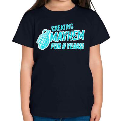 FUNNY 9TH BIRTHDAY PRESENT CREATING MAYHEM 9 YEARS KIDS T-SHIRT GIFT BLUE JOKE