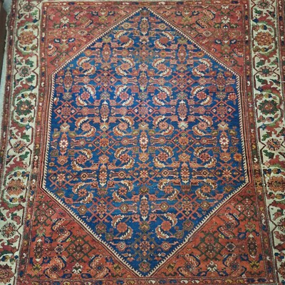 Antique Turkish Handmade Frayed Oriental Magic Carpet Style Blue Medallion Rug
