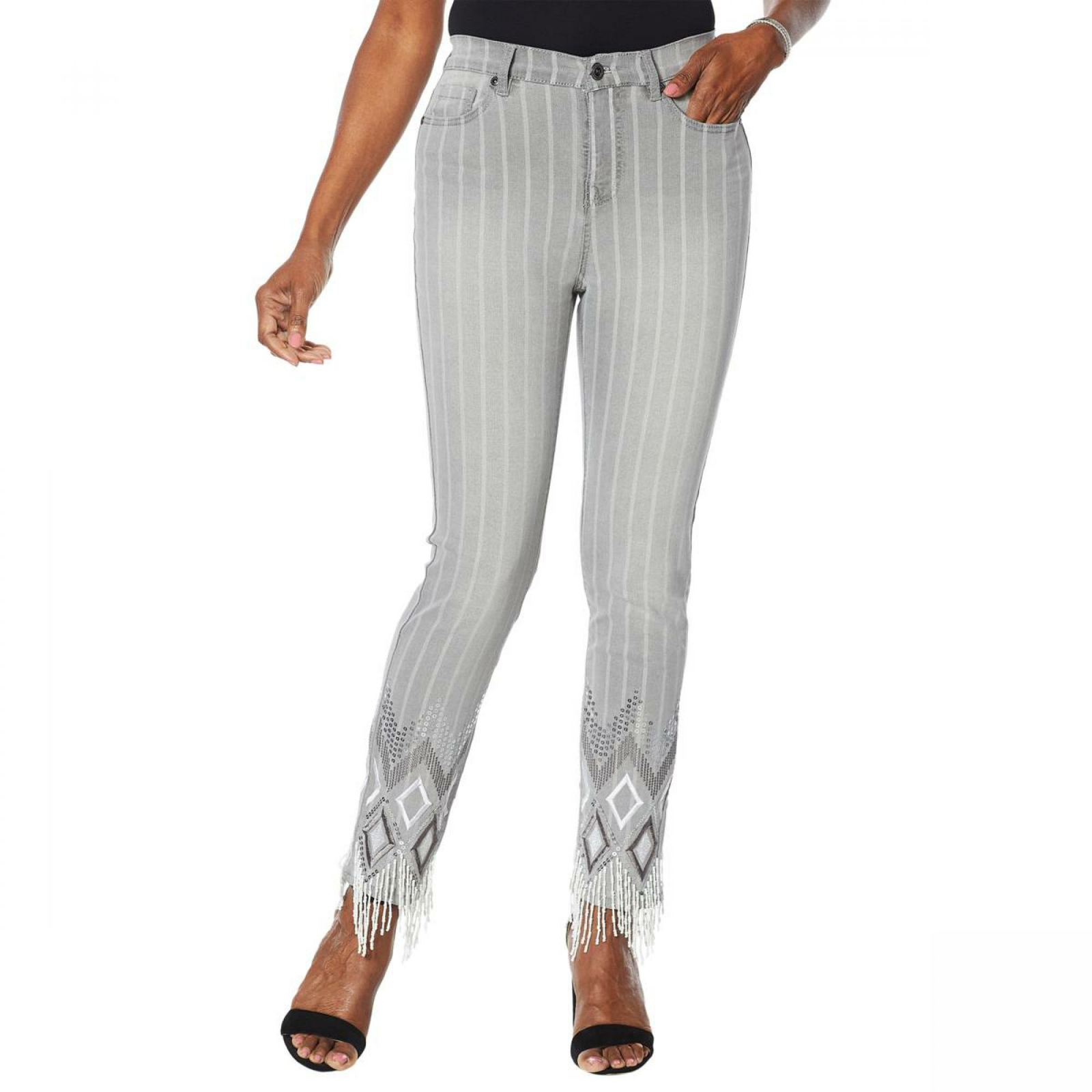 nWT DG2 by Diane Gilman Classic Stretch Embroidered Jean w/ Bead Fringe. 688566