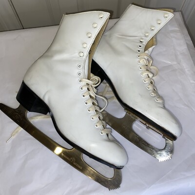 HYDE Vintage White Ice Skates Sz 6 English Steel Blades Figure Skates