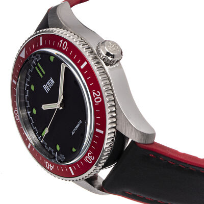 Pre-owned Reign Elijah Automatic Rubber Inlaid Leather-band Watch W/date - Black/red