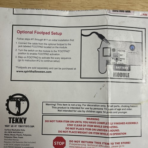 Spirit Halloween Tekky Electrified Maniac Prop Instruction Manual Only READ!