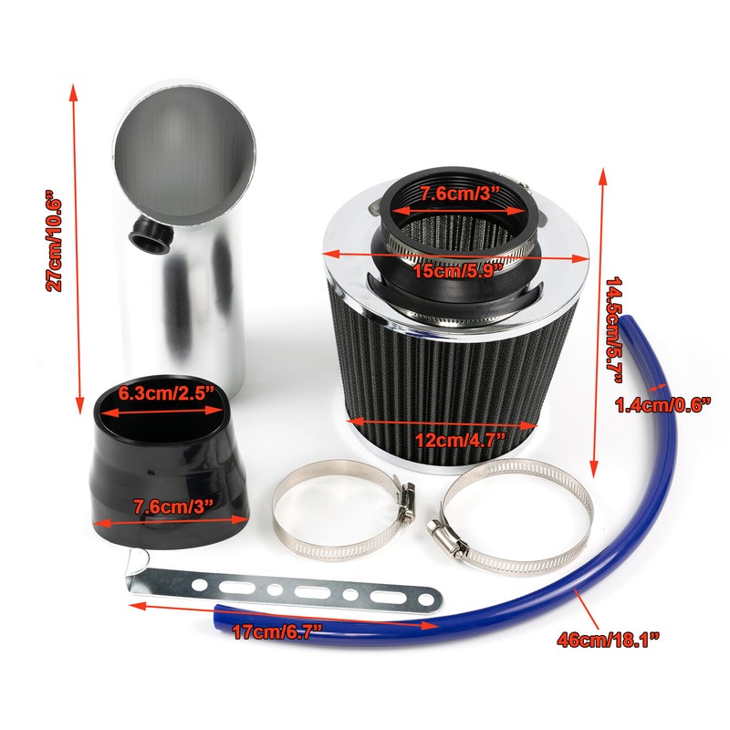 Silver 3" Cold Air Intake Filter Induction Kits Pipe Power Flow Hose System Cars