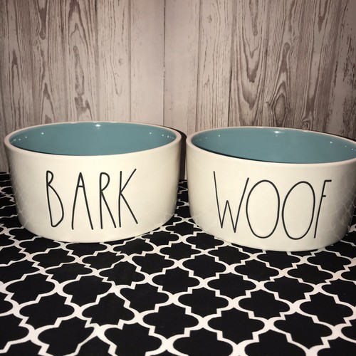 Rae Dunn NEW Set of 2 LL Dog Bowls “WOOF” & “BARK!” - Blue Inside