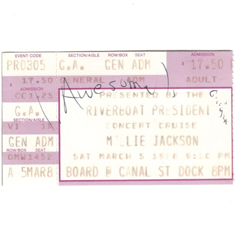 MILLIE JACKSON Concert Ticket Stub NEW ORLEANS 3/5/88 RIVERBOAT PRESIDENT Rare