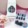 Rain Press on Nails Umbrella Acrylic Medium Square Fake Nail Rainy Night Gel Glue on Nail 24Pcs Glossy Blue Gradient False Nails Flower Stick on Fingernails for Coquette Women Girls