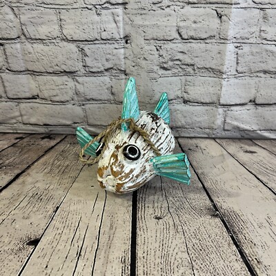 Green White Folk Art Hand Painted Puffer Fish Coconut Shell Ornaments Hanging