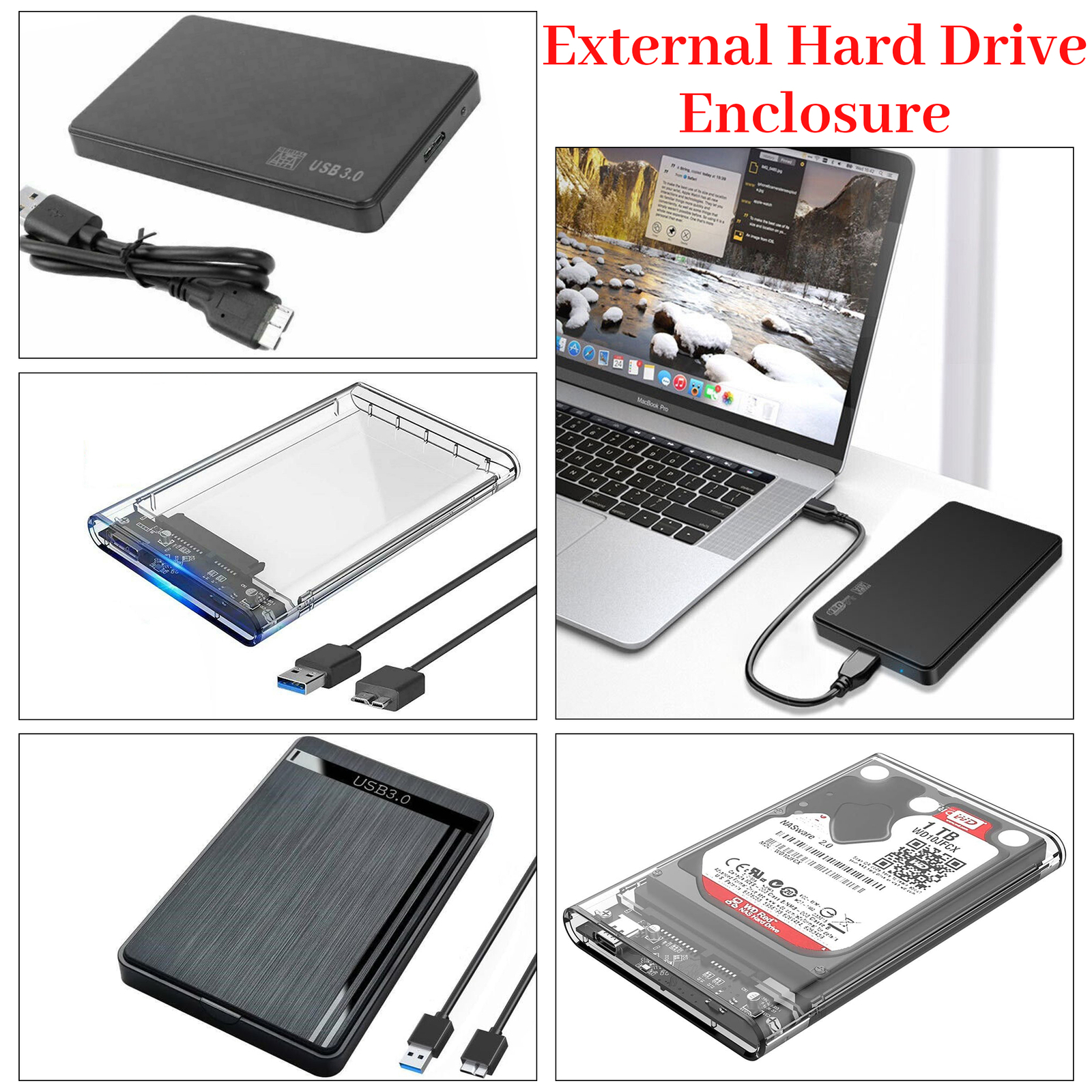 2.5 Inch External Hard Drive Case Enclosure HDD SSD USB 3.0/3.1 Black or Clear
