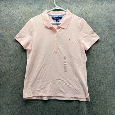 Tommy Hilfiger Polo Shirt Women Large Peach Pink Casual Mesh Logo Cotton New