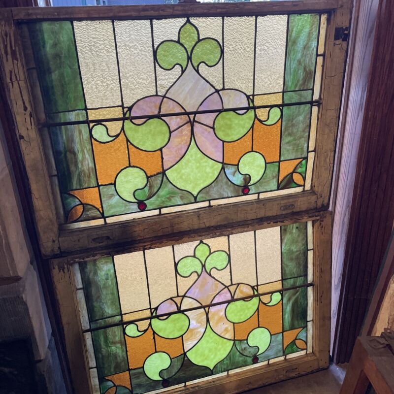 SG4152 to a V price each antique Stained Glass window 27 x 38.5