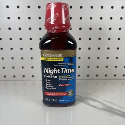 GoodSense Acetaminophen Nighttime Cold & Flu Relief Liquid, Cherry, 12 fl oz