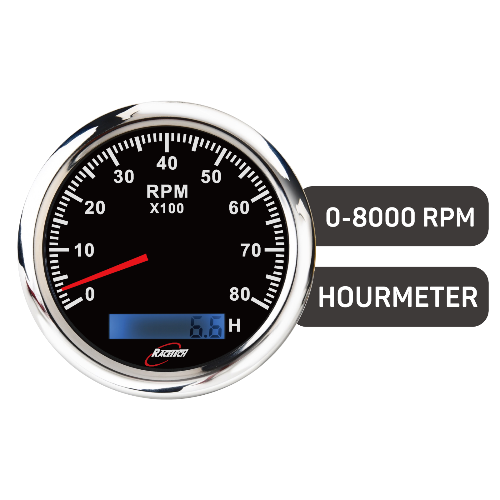 RACETECH 85mm 3 3/8" 7 Color Black Tachometer HOURMETER 8000 RPM
