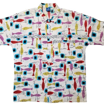 VTG Hawaiian Shirt Ocean Pacific Mens Abstract Fish Surfing OP Beachwear