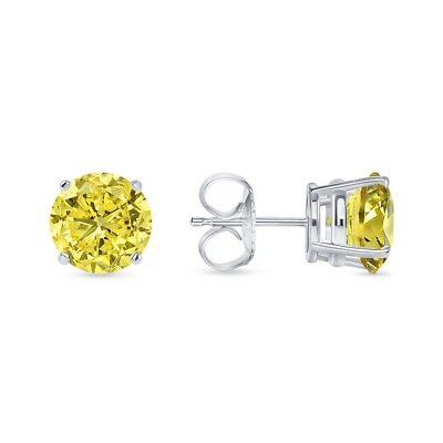 Pre-owned Shine Brite With A Diamond 6 Ct Round Cut Canary Earrings Studs Solid Real 18k White Gold Push Back Basket