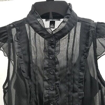 AB STUDIO Sleeveless Sheer Button Up Blouse w/ Cami - M Black Ruffle Lagenlook