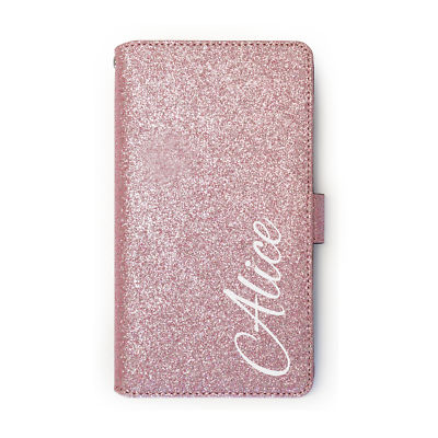 Personalised White Name On Rose Pink PU Leather Glitter Wallet Phone Case