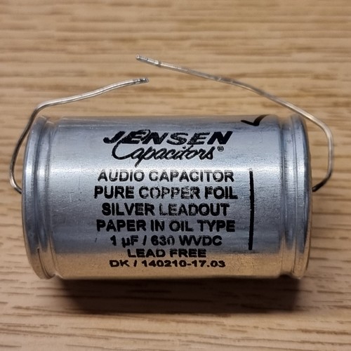 JENSEN 1uF 630V CAPACITOR. COPPER FOIL IN PAPER AND OIL. SILVER