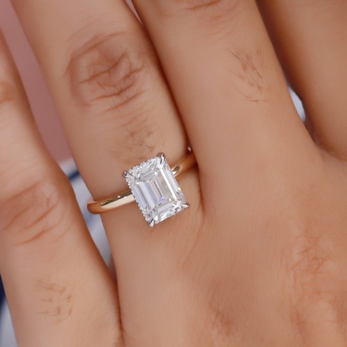 3.10 Ct Hidden Halo Engagement Ring Emerald Lab Grown Diamond in 14K Yellow Gold