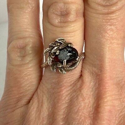Sterling Silver 925 Oval Snowflake Obsidian Floral Leaf Accent Ring Sz 6