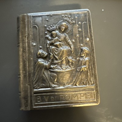 Antique Silver Plate Book type box  rosary W/AVA MARIA /B.V Di POMPEI