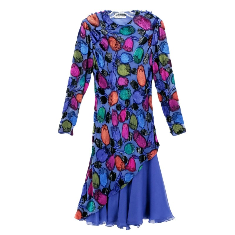 JUDY HORNBY COUTURE Vintage DRESS 80's Gown Floral Blue Purple Layered Size 6