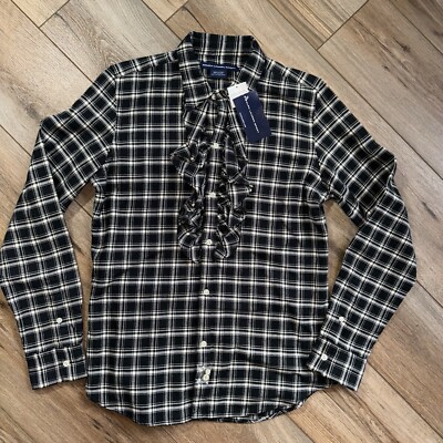 Ralph Lauren Black Plaid Button Up Shirt Ruffle Long Sleeve Size 12 Top Fall NWT