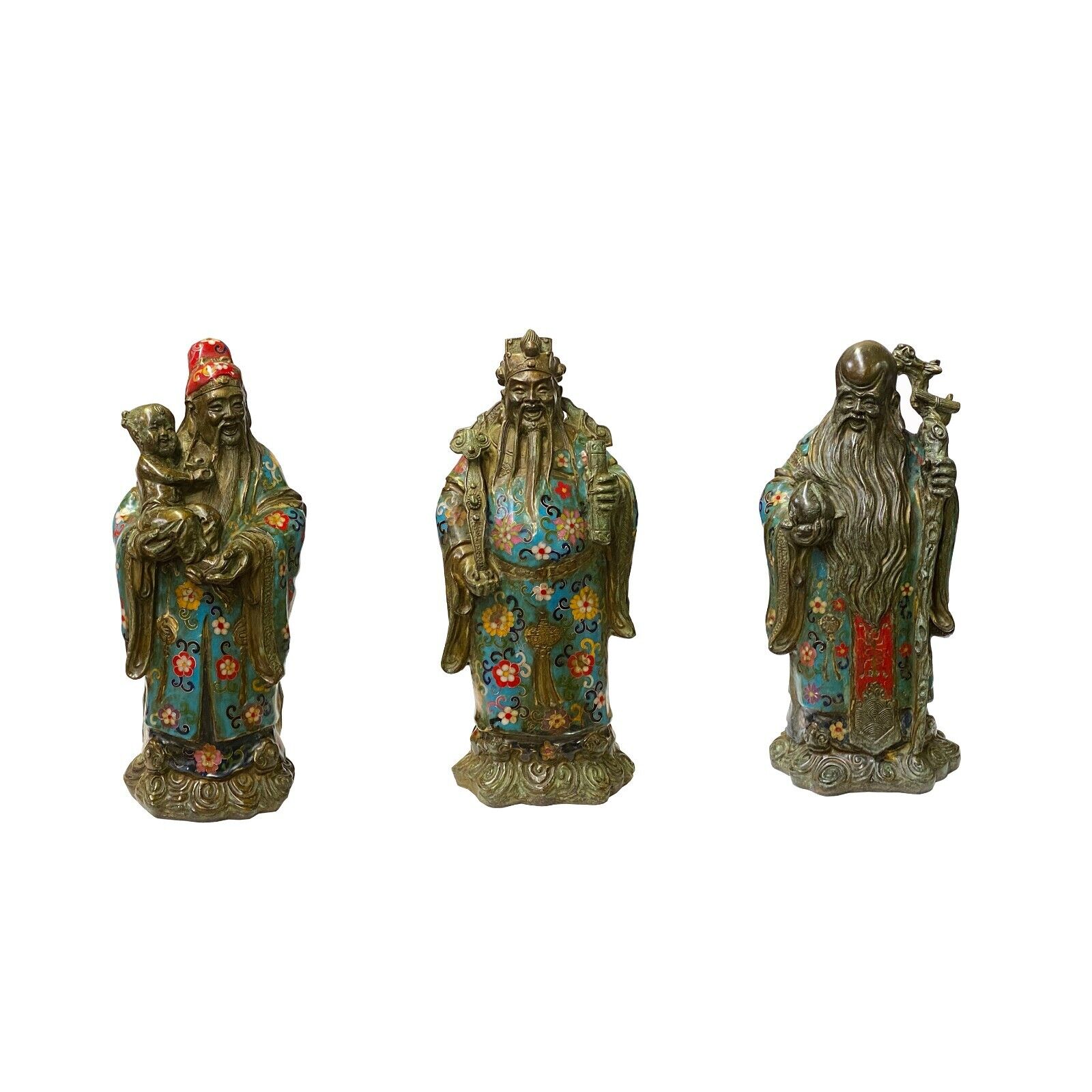 Vintage Metal Blue Yellow Enamel Cloisonné Fok Lok Shou Statue Set ws1893S Vintage Metal Blue Yellow Enamel Cloisonné Fok Lok Shou Statue Set ws1893S