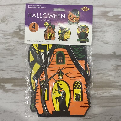 Retro Halloween Die Cut Outs 4 Pieces Witch Owl Haunted House Pumpkin Beistle