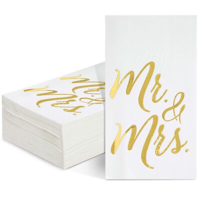 50 Pack Disposable Mr and Mrs Napkins for Wedding Dinner, Gold Foil, 4x8 In