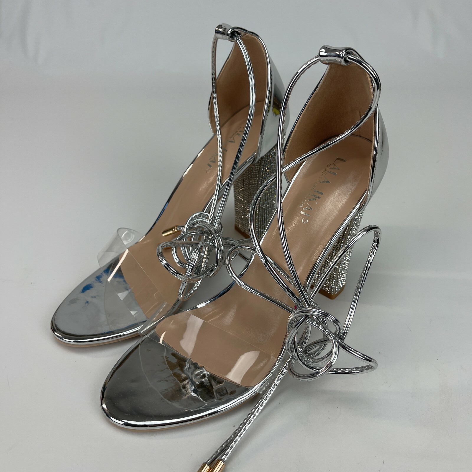 【新品】High Heels : ハイヒール フランク・リスポリ LaLa Ikai Womens Silver Rhinestone Ankle Strappy High Heels