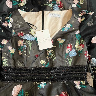 Pre-owned Mac Duggal 79361 Embroidered Bishop Sleeve V Neck Flowy Gown Black Multi 14