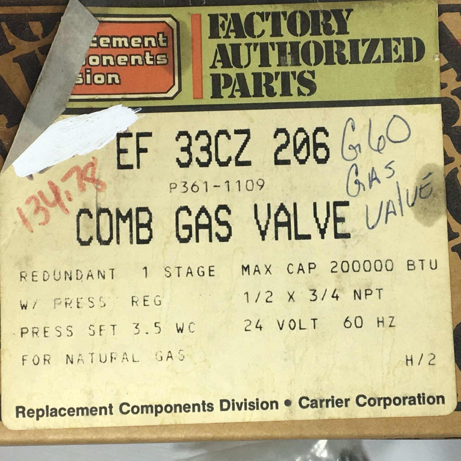 COMB GAS VALVE PART NUMBER EF33CZ206 / P361-1109 FITS CARRIER BRYANT PAYNE NIB