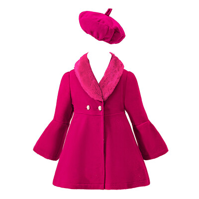 Girls Winter Windproof Coat Jacket Kids Warm Outerwear Pea Coat with Beret Hat