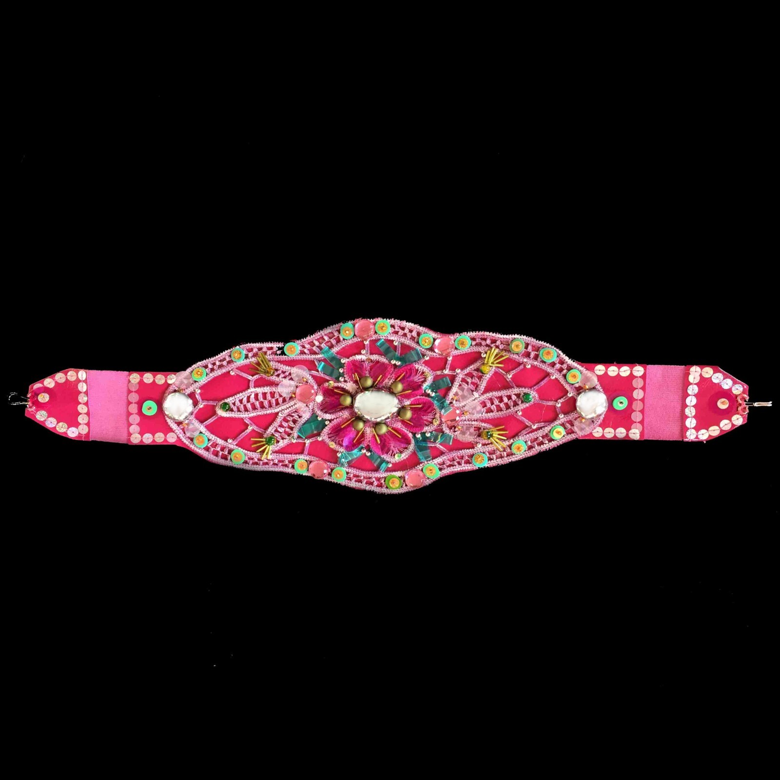 Pre-owned Amira Di Transilvania Women Accessories Belt Faux Leather Embroidered Macrame Rhinestones Pink Flowers