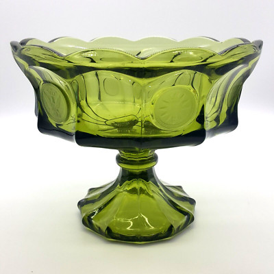 VTG Fostoria Art Glass Green Coin Footed Compote Fruit Bowl Dish Centerpiece