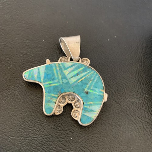 Pre-owned Handmade Mens Blue Turquoise & Opal Bear Navajo Sterling Silver Inlay Pendant 12602