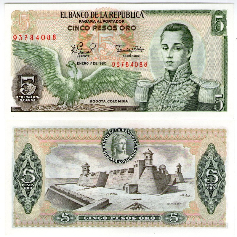 **   Colombie     5  Pesos Oro   1980   P-406f.3    Unc   **