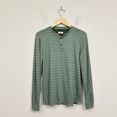MARINE LAYER Double Knit T-Shirt Mens Sz M Green Striped Henley Long Sleeve Tee