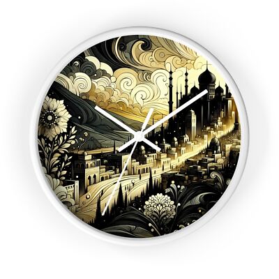 Home Decor Wall Clock Golden Art Deco Cityscape with Lush Floral Accents