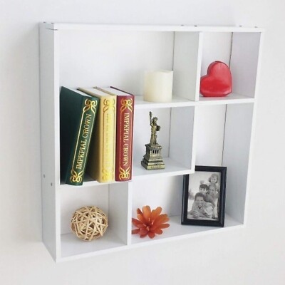 23'' White Geometric Squares Display Floating Shelf with 5 Cubes Storage Space