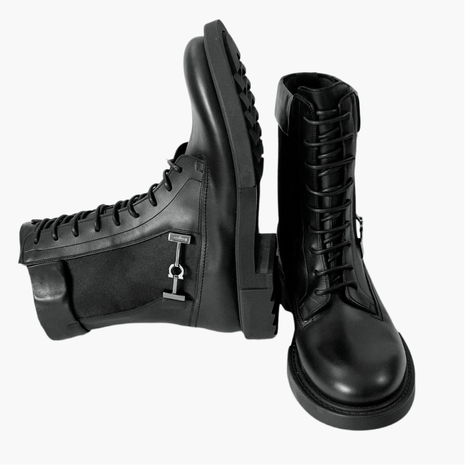 Pre-owned Ferragamo Men's Iglesias 13 Ee Black Leather Combat Gancini Boots Dress Casual
