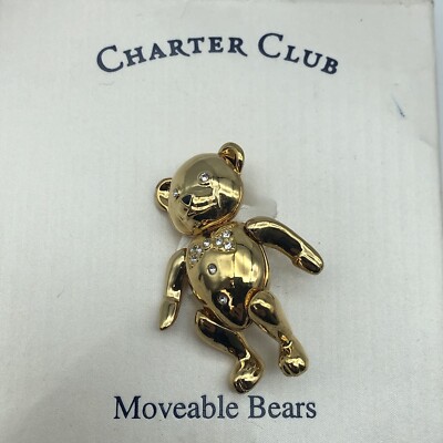 Articulated Teddy Bear Rhinestone brooch Pin Charter Club Movable Bear 