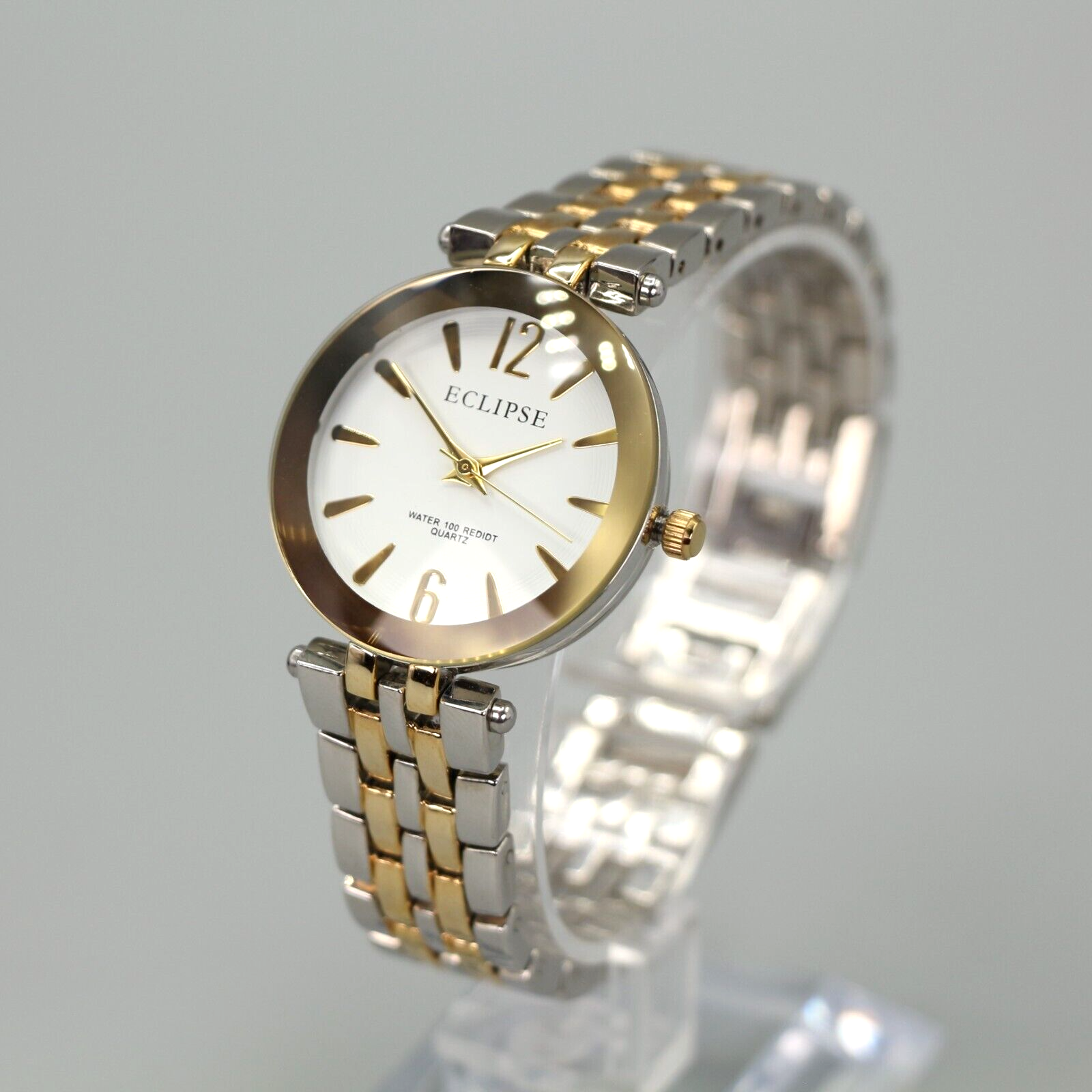 Eclipse Womens Two Tone Watch Round White Dial Silver Gold Bracelet New Battery